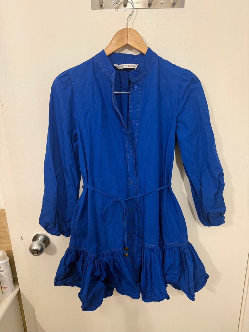Zara Royal Blue Button-Front Ruffle Mini Dress